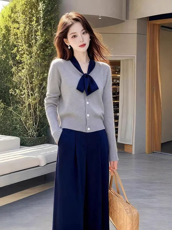 时尚复古绝美蓝色蝴蝶结长袖针织衫女秋冬新款阔腿裤子两件套装|undefined