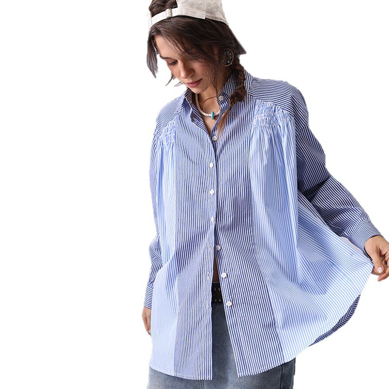 Europa y América comercio exterior ropa de mujer nueva camisa de algodón a rayas de manga larga mujer sensación de diseño suelto nicho universal blusa delgada