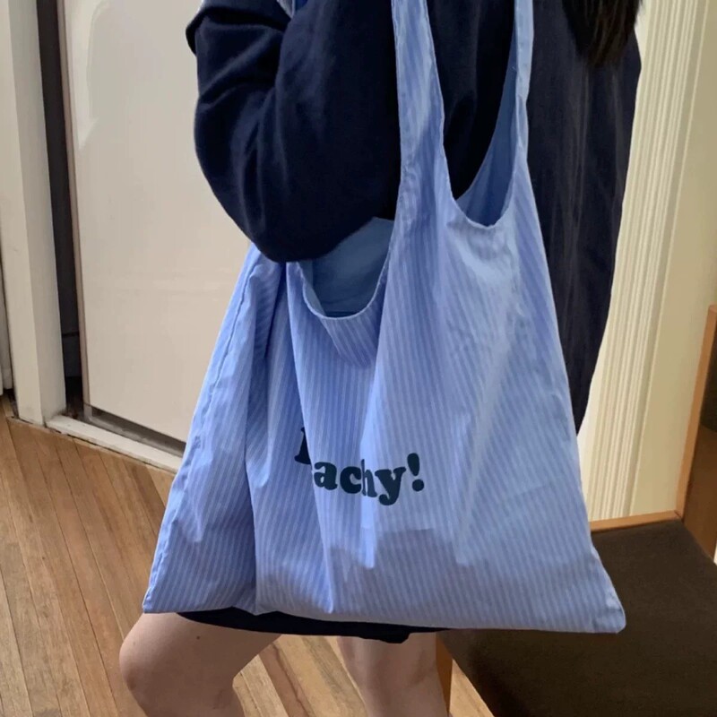 2026 Spring/Summer New Korean Style Striped Letter Canvas Bag, Lazy Style, Simple and Versatile, Large Capacity Shoulder Tote Bag