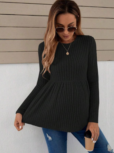 Shien Top—European and American Style Long-Sleeved Maternity Top, Solid-Color Pullover Maternity T-Shirt