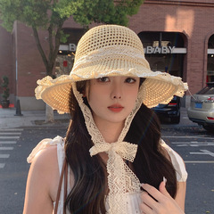 ビーチハット レース麦わら帽子 レディース 夏用日よけ帽子 通気性日焼け止めフィッシャーマンハット リゾート風麦わら帽子