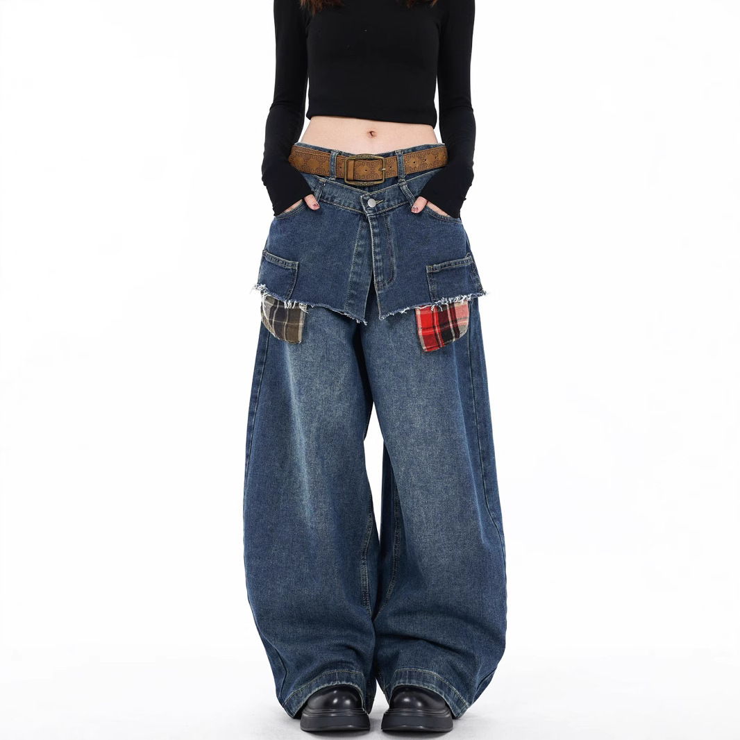 Men's Oversized Distressed Jeans High Street Style Fake Two-Pocket Design Relaxed Wide Leg Cotton Vintage Wash Unisex Streetwear_mkmklike.com