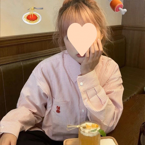 Sweet embroidered pink high-grade striped shirt, suitable for petite and loose fit, shows length, versatile long-sleeved shirt, can be worn outside as a cardigan