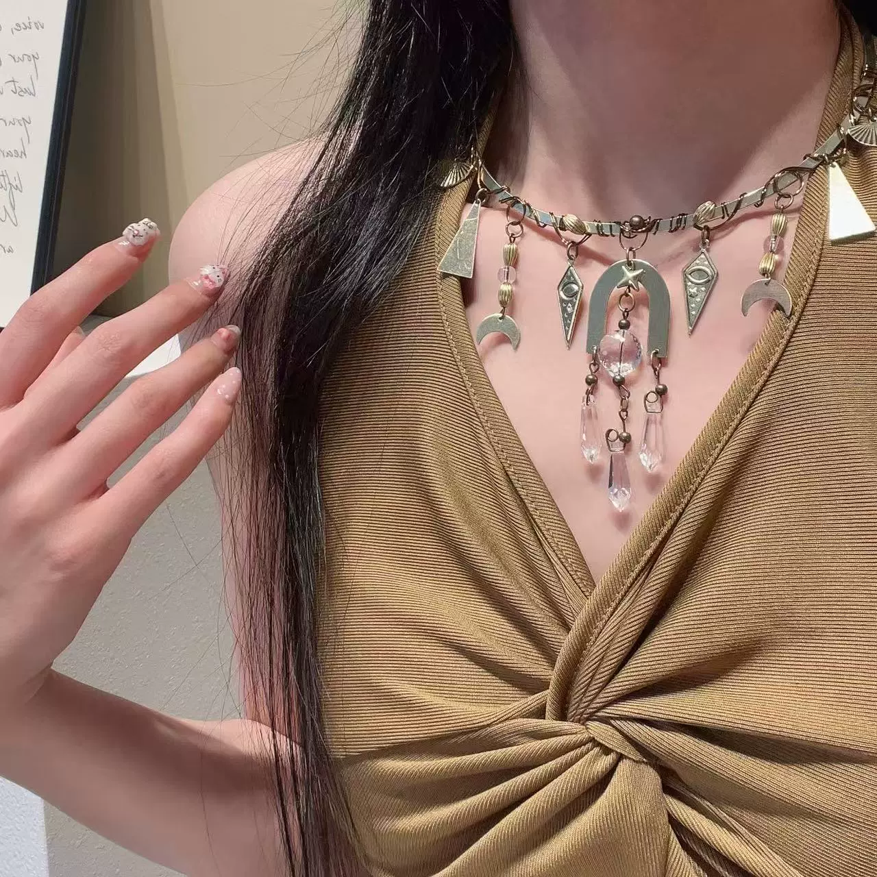 欧美跨境饰品多元素吊坠项链复古金色女神气质小众高级感设计项饰