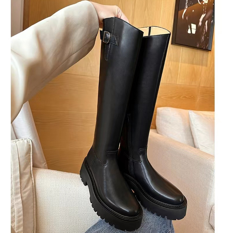 Uva mamá 2023 Otoño e Invierno Nuevo tacón grueso de suela gruesa pequeñas botas altas cremallera lateral botas de montar a la rodilla para las mujeres