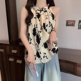 大码胖MM印花法式挂脖设计感遮肚上衣女纯欲气质显瘦雪纺无袖衬衫