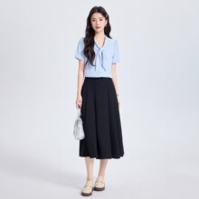 蓝色飘带领短袖衬衫女2026新款韩版简约职业休闲工作装宽松上衣