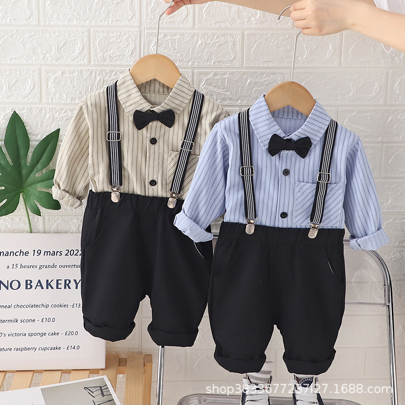 Boys' Spring and Autumn suit Baby One-Year-Old Dress Children's Long-Sleeved Shirt Vertical Pocket Strappy Pants Two-Piece Set for Hair