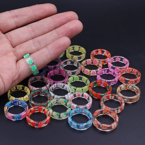  Fruit Strawberry Resin Soft Clay Cartoon Ring Colorful Cute Transparent Small Ring Sakura Petal Women’s Ring