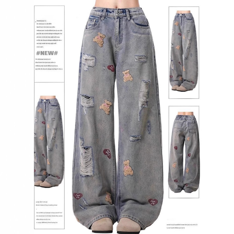 plus size Ripped Jeans Women's Spring and Summer New 2025 American High Street Washed Bear Embroidered Design Wide Leg Pants