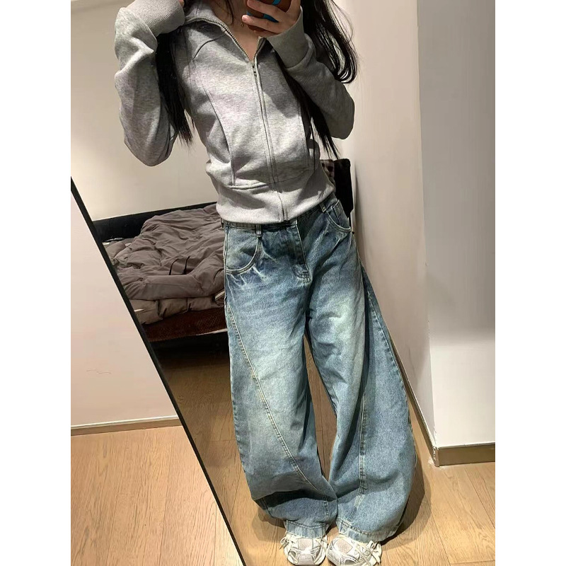 美式复古做旧弯刀牛仔裤男女设计感显瘦阔腿裤宽松镰刀拖地长裤子|undefined