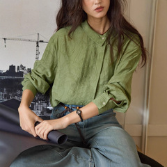【8/25 零点新品9折】solighte 法式亚麻不对称翻领提花衬衫女秋