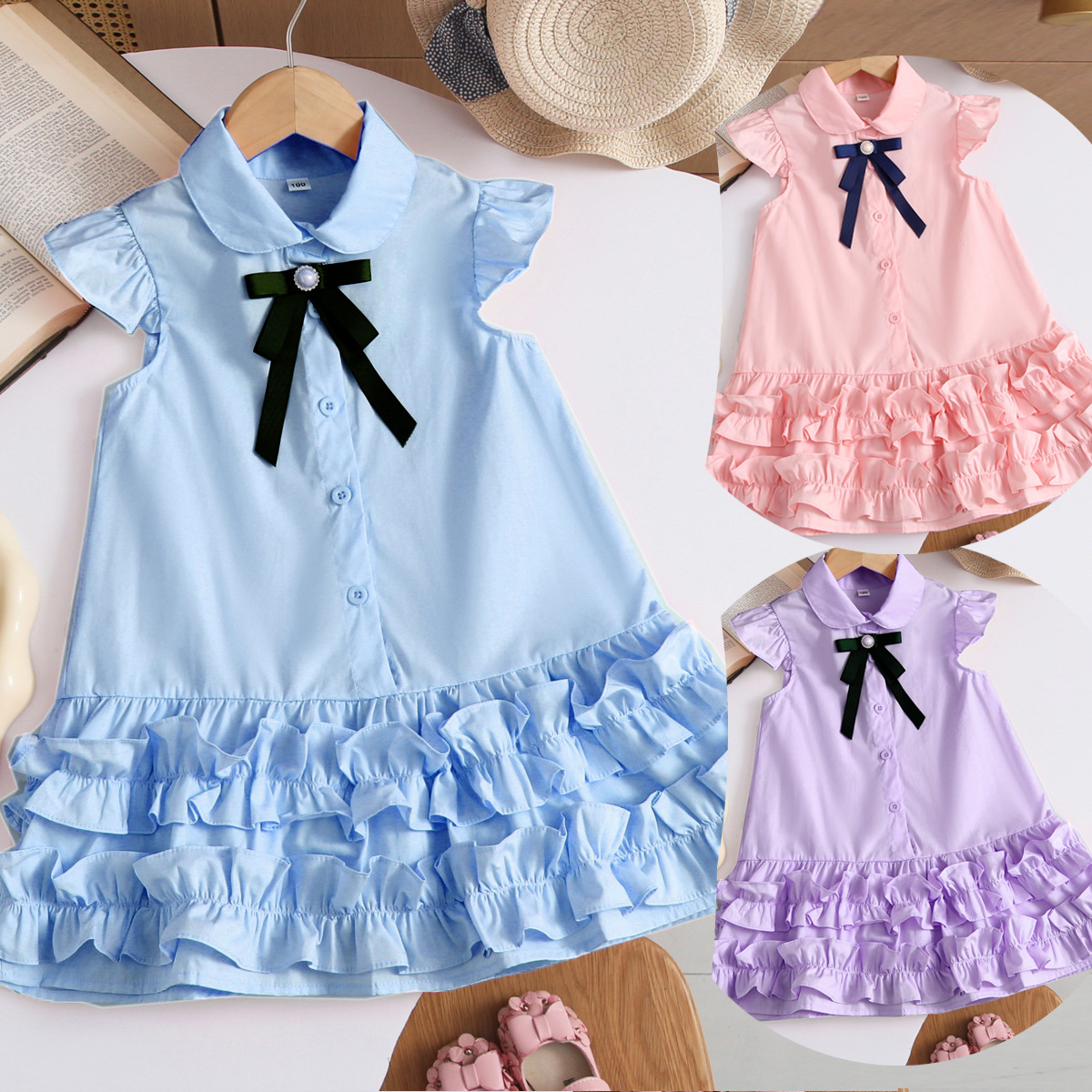 Girls Dress Summer 2025 New Flying Sleeve Children's Vest Dress Little Girl College Style Cake Dress Dropshipping