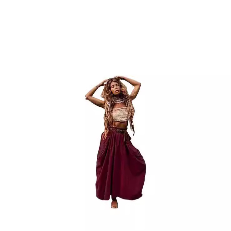 European American Women's Casual 2024 New Style, Bohemian Loose-fitting Versatile Long Skirt With Drawstring And Large_voghion.com