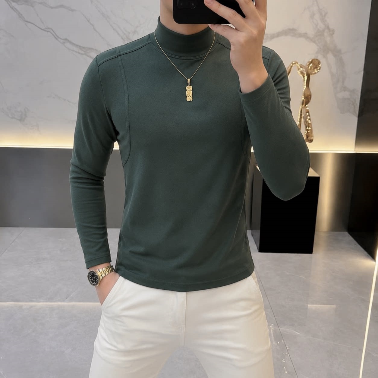 Korean style slim fit fashionable and simple German fleece base layer shirt for young men, autumn and winter 2026, double-sided fleece casual and versatile top.