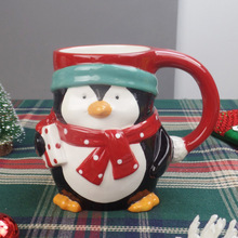 外销圣诞节礼品马克杯 外销白云土手绘企鹅杯 圣诞主题手绘陶瓷杯