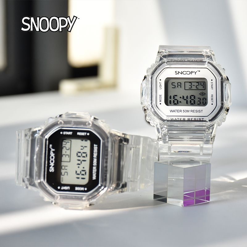 正版史努比Snoopy表防水透明男女学生户外运动多功能方形电子手表
