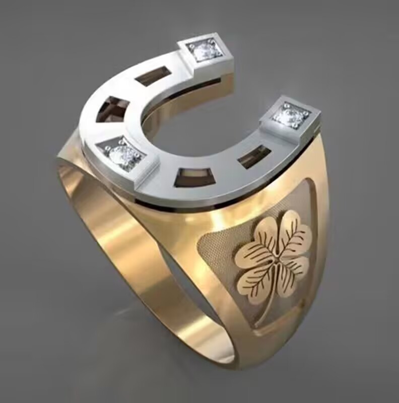Cross-Border Hot Selling European and American Popular Electroplated Four-Leaf Clover Ring U-Shaped Pattern Two-Color Men's Ring Manufacturer Wholesale