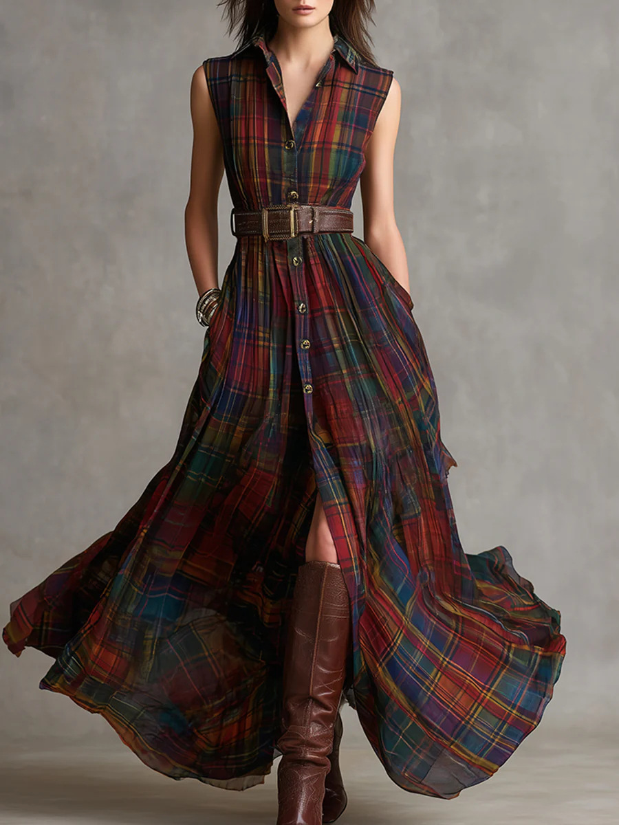 2026shein European And American Independent Site Cross-Border Vacation Western Bohemian Plaid Pocket Dress_ecoleips.com