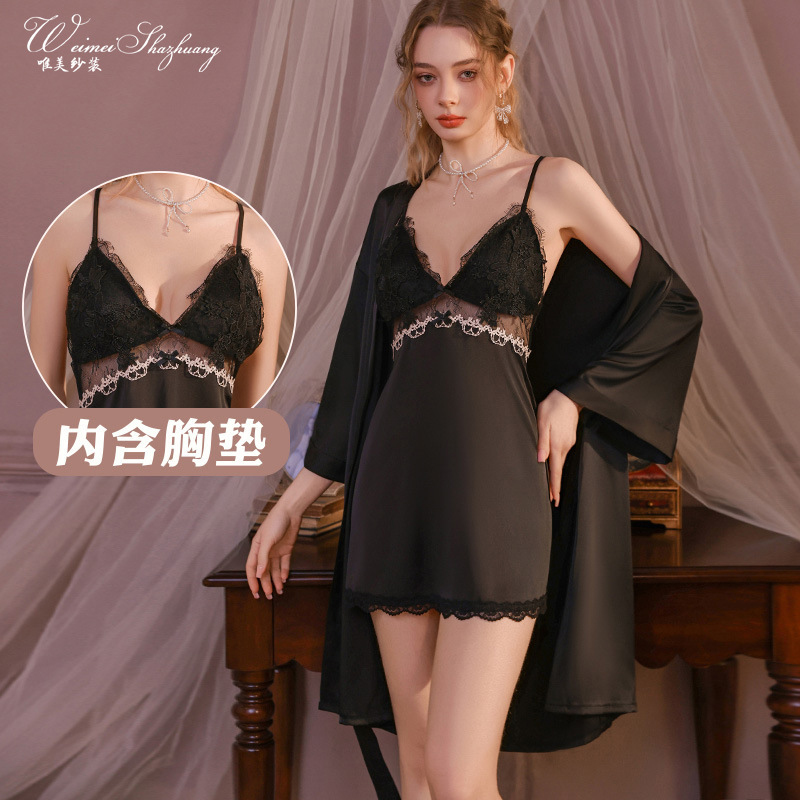 High-End French-Style Suspender Nightgown, Romantic Lace Splicing, See-Through Home Pajama Set with Breast Pads, Sexy Nightgown