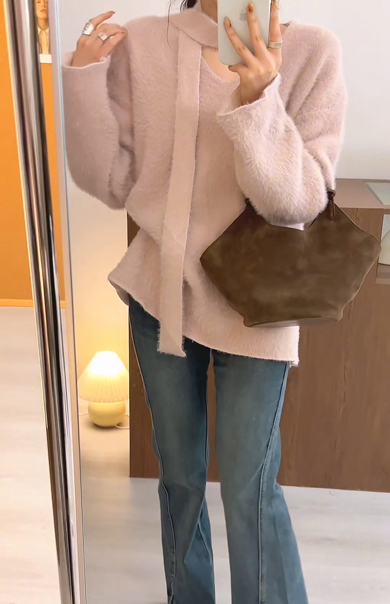 Sciarpa con scollo a V in stile coreano con pullover in pelliccia di visone, morbida maglia appiccicosa per l'autunno e l'inverno delle donne_voghion.com