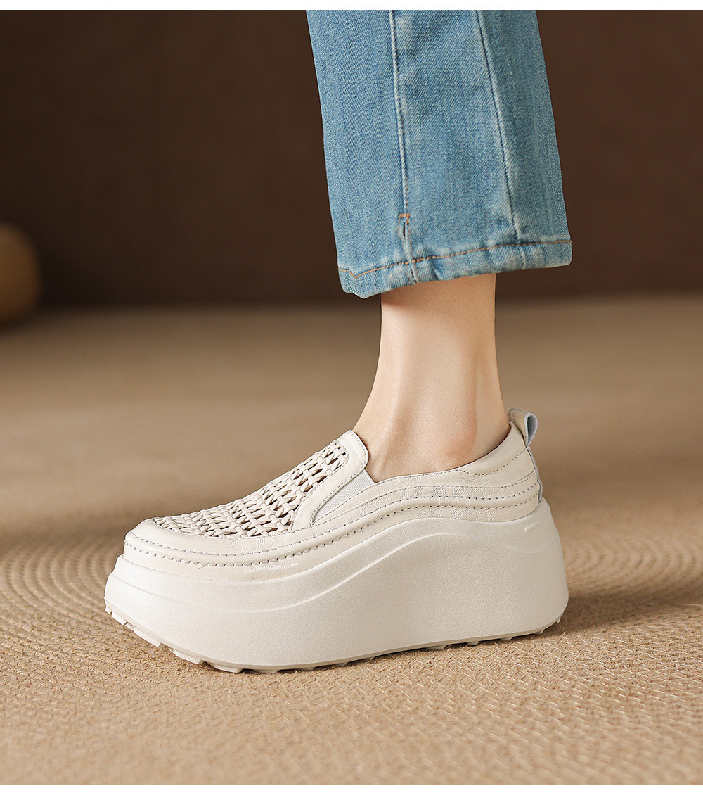Giày sandal cao gót nữ hở mũi đế dày da thật mũi tròn phong cách lười — màu đen, màu trắng ngà chi tiết 13