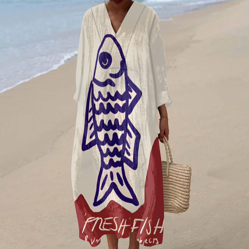 Independent Brand European and American New Autumn Long-Sleeve Dress, Plus-Size V-Neck Creative Casual Loose Long-Sleeve Dress