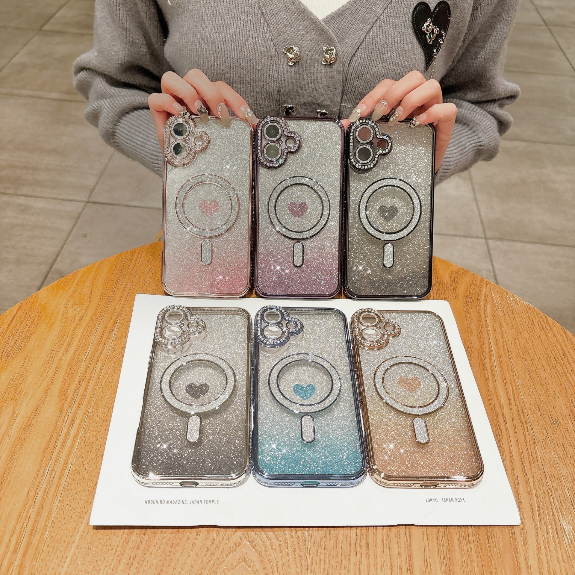 电镀边钻引磁带镜头膜+爱心闪粉纸适用iPhone13promax保护壳15pro