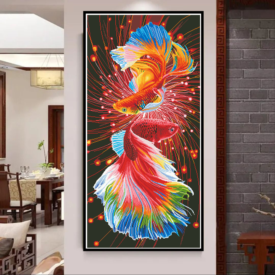 Punto de Cruz Real de la Mona Lisa, Doble Koi Rojo Fuego, Colección Popular para Sala de Estar, Pintura Decorativa de Estilo Chino, Versión Vertical, Bordado Hecho a Mano