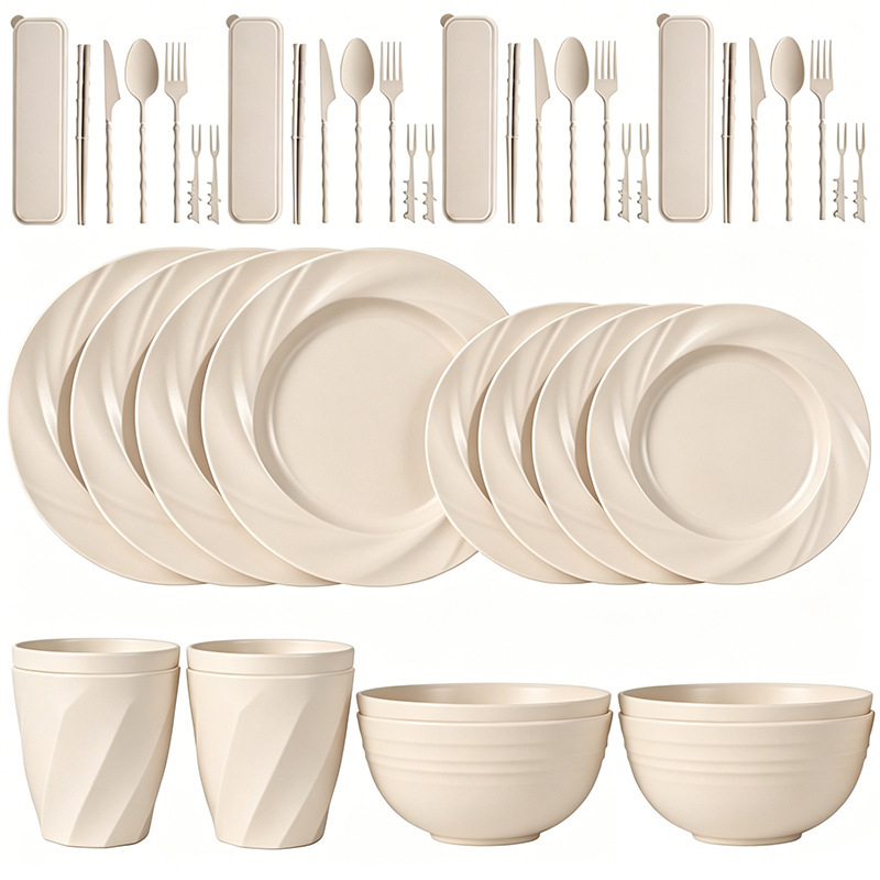 New cross-border creative wheat straw bowls, plates, cups, tableware, pasta plates, bowls, cups, cutlery, forks, spoons, portable tableware set New cross-border creative wheat straw bowls, plates, cups, tableware, pasta plates, bowls, cups, cutlery, forks, spoons, portable tableware set