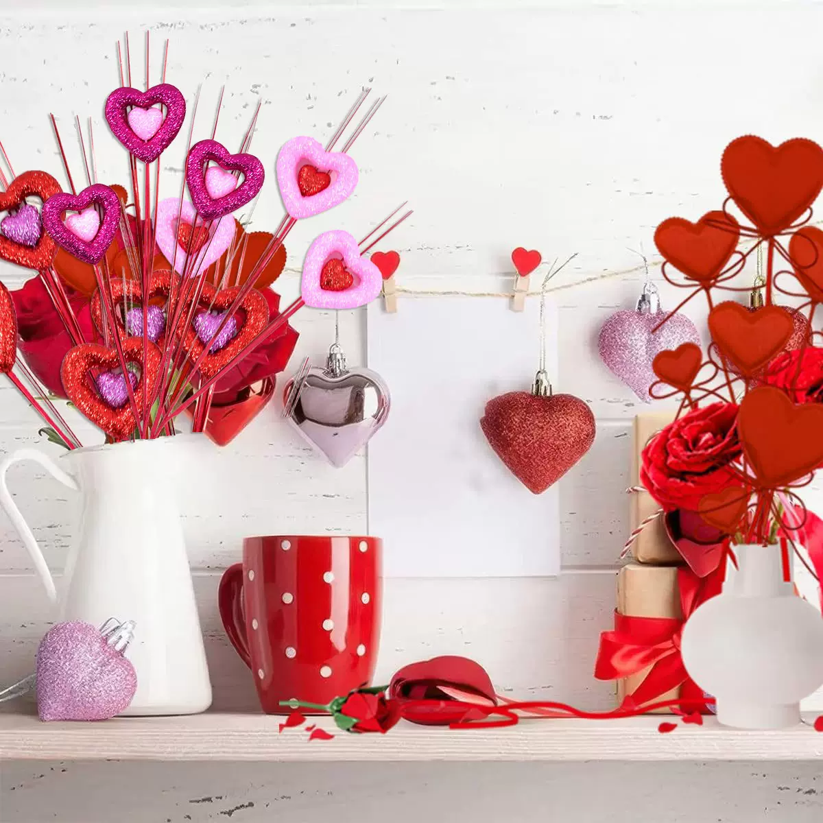 定制新品泡沫爱心闪粉花枝婚庆节日装饰品桃心配件情人节爱心插枝