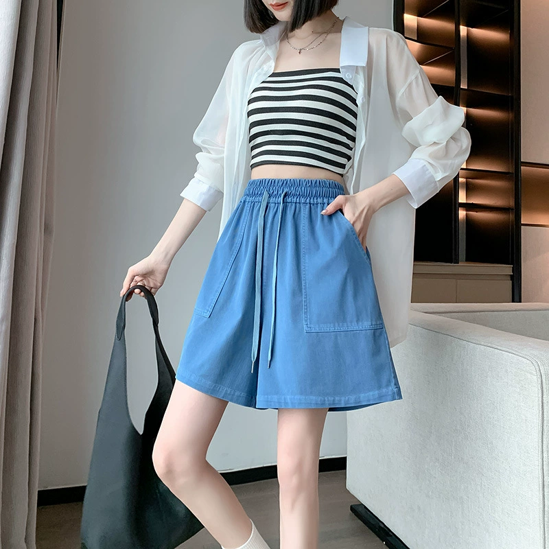 Denim sports shorts, thin trousers, plus size, high waist, drawstring, loose fit