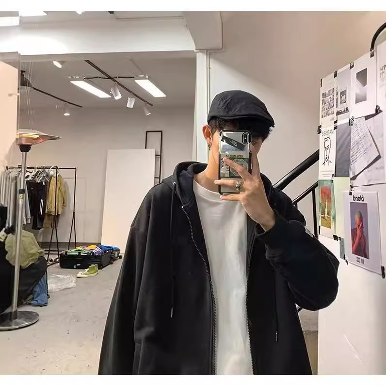Suéter con capucha para hombre primavera y otoño marca de moda chaqueta de punto de color sólido suelto gris todo fósforo deporte cremallera ropa superior casual