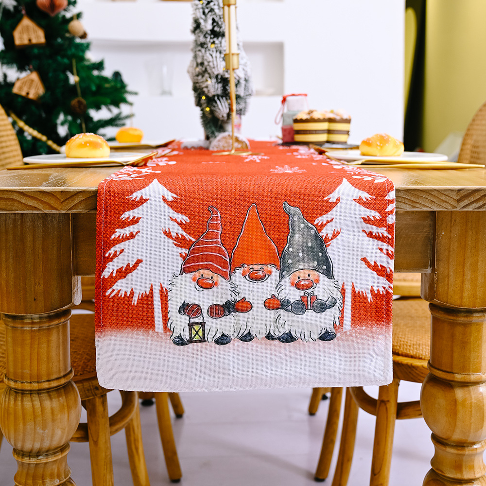 Décorations de Noël pour la maison et le jardin Chemin de table en forme de flocon de neige avec un vieil homme dans la forêt, nappe pour la maison, napperon imprimé_voghion.com