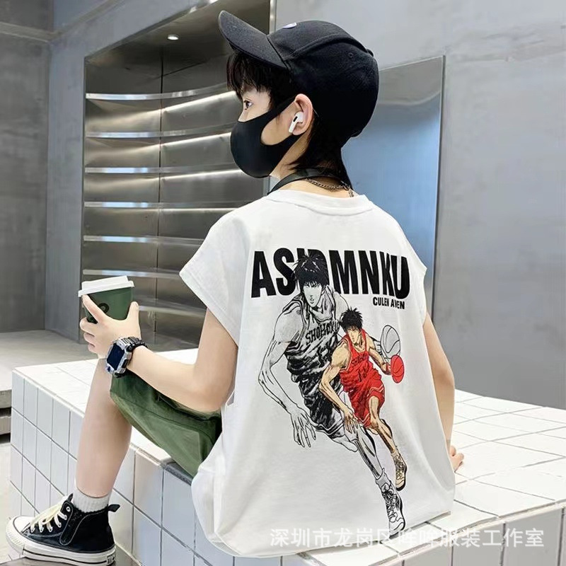 Verano 100% algodón chaleco sin mangas para niños 2023 Verano nuevos niños medianos y grandes dibujos animados chaleco impreso camiseta