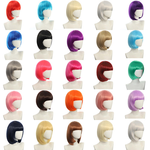 Cosplay nightclub performance bar female short hair pink beige white blue bobo wig with side bangs