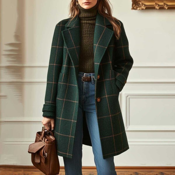 Amazon Cross-Border 2025 Winter European and American Style Retro Plaid Casual Elegant Mid-Length Lapel Jacket Women's Top
