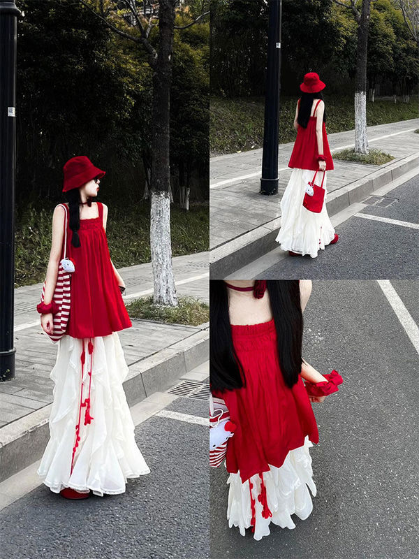 两件/套装森系复古红色吊带短裙+女学生设计感高腰半身裙夏日新款|undefined