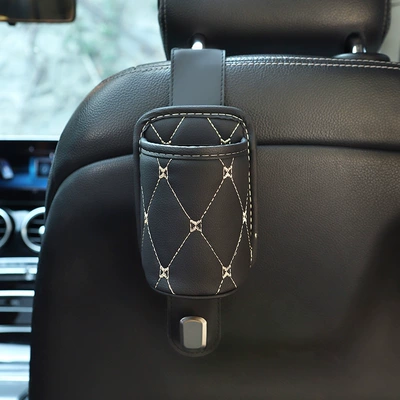 Car water cup holder multi-function storage car seat rear row hook storage car interior decoration good sense (Car cup holder/beverage holder) - with-hook-seat-back-leather-water-cup-bucket-black