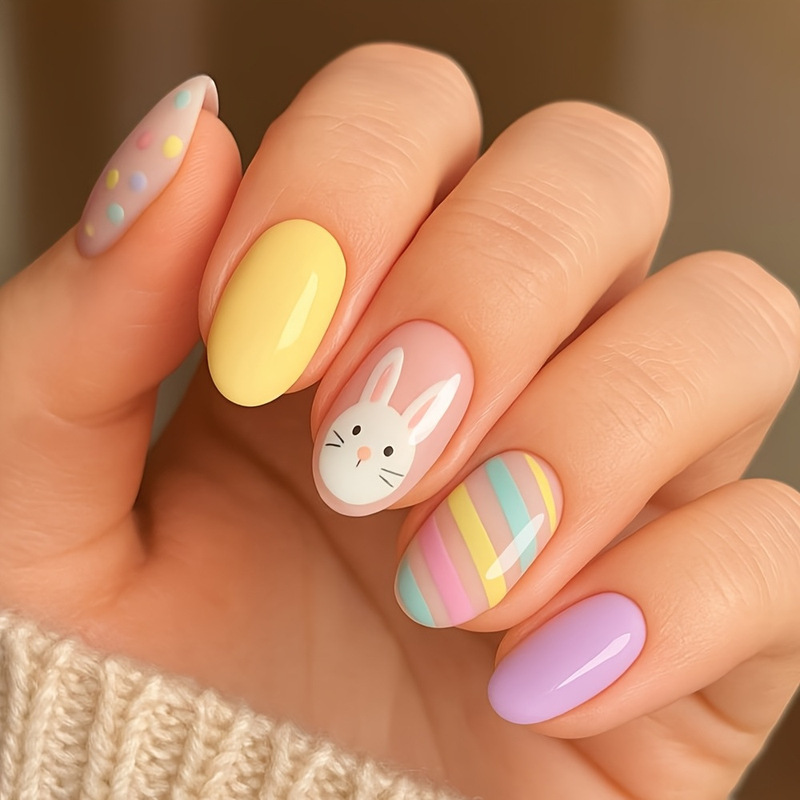 Cross-Border Easter Manicure with Soft Color Stripes, Polka Dots, Cute Bunny Design, Wearable Nails, Fake Nails, Nail Tips Cross-Border Easter Manicure with Soft Color Stripes, Polka Dots, Cute Bunny Design, Wearable Nails, Fake Nails, Nail Tips