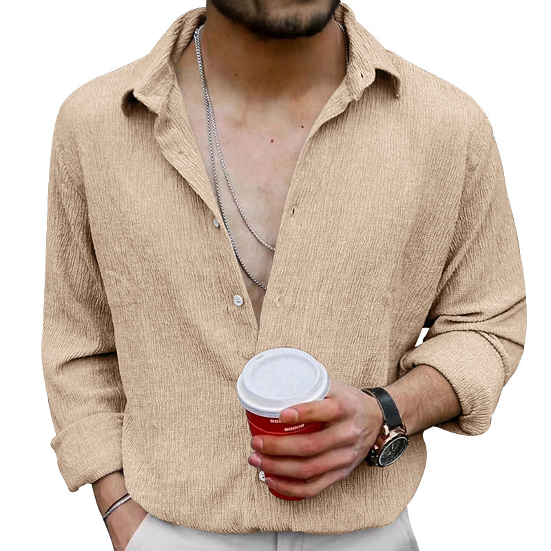 Men's Wrinkle Fabric Cardigan Solid Colour Casual Overcoat Style_voghion.com