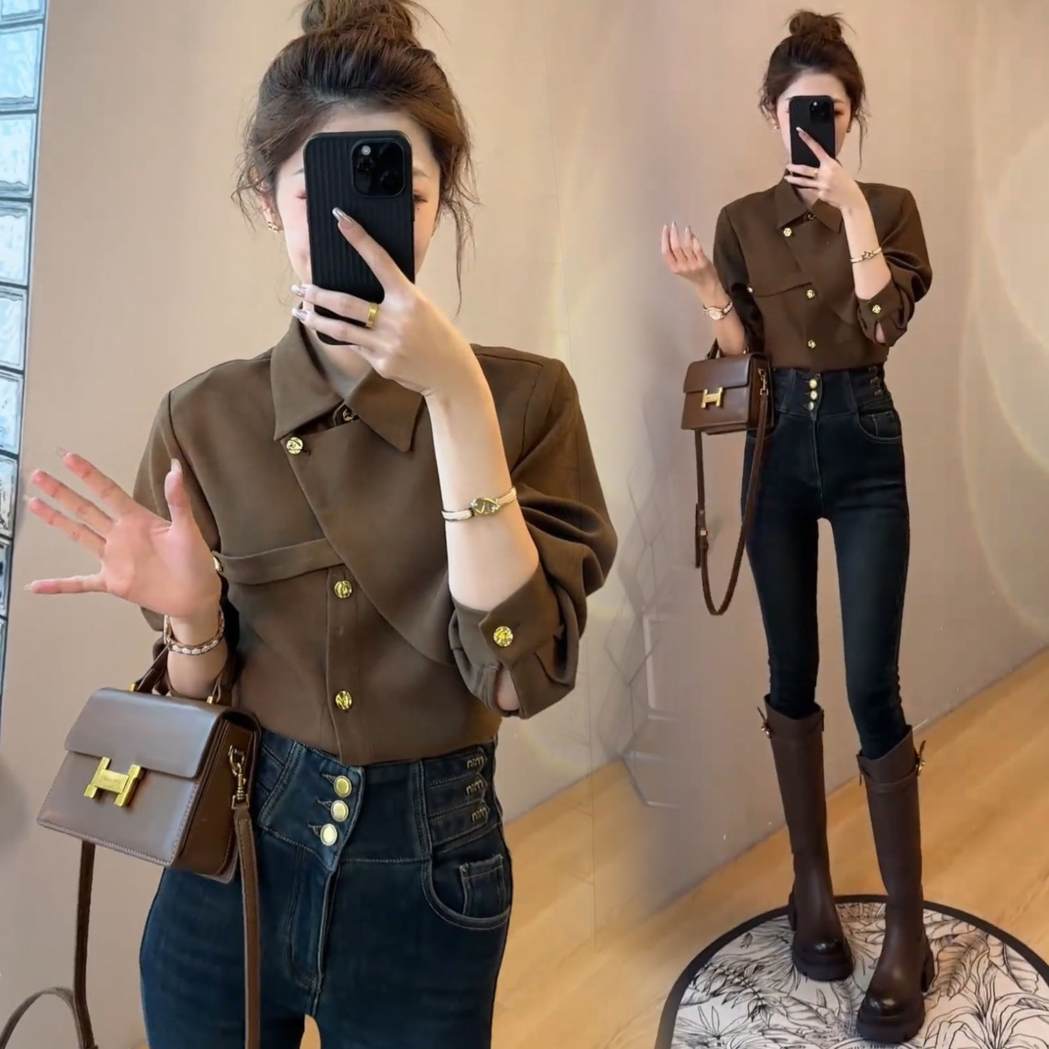 不对称设计法式气质衬衫女秋冬长袖时尚翻领衬衣轻奢优雅时尚上衣