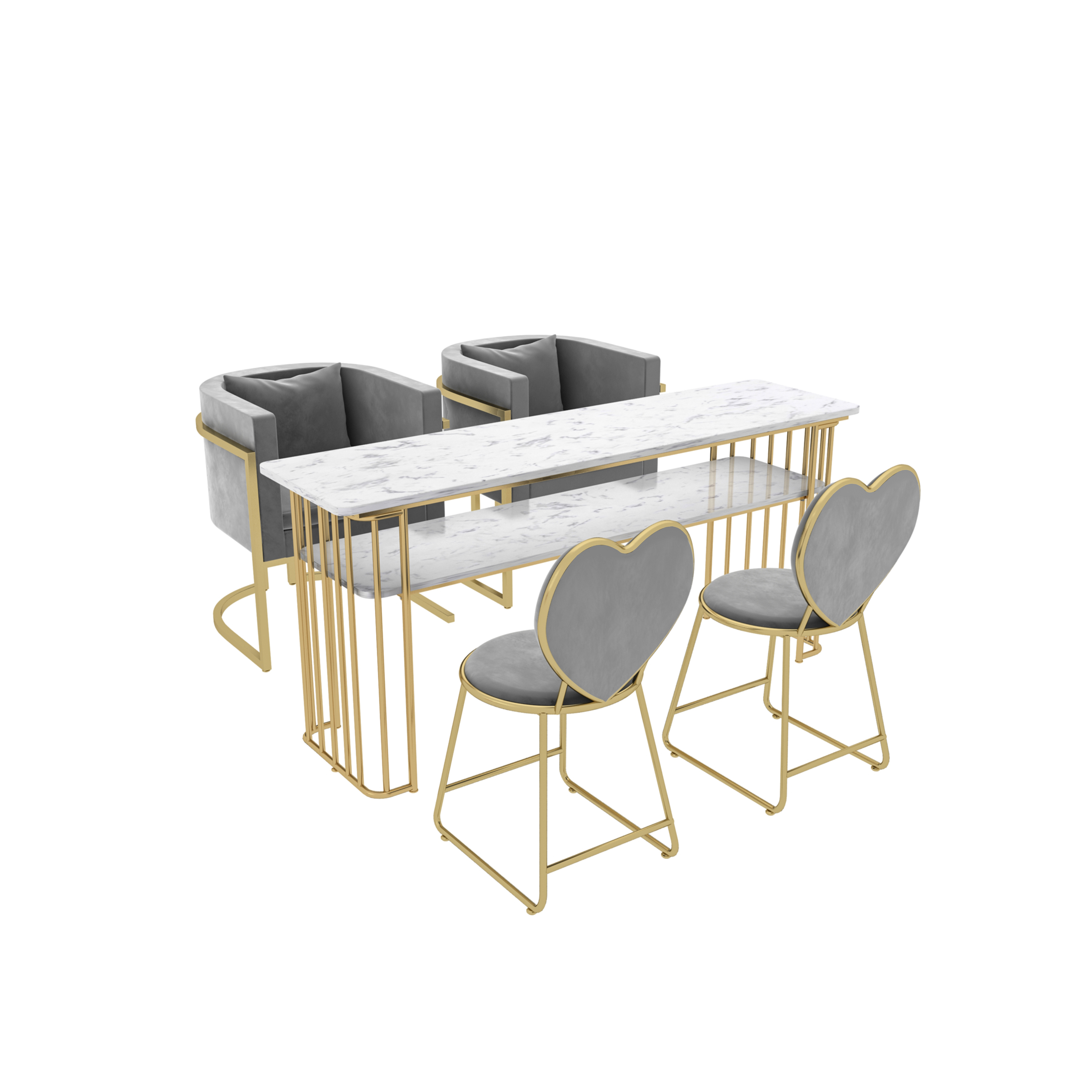 Nórdico de hierro forjado de doble capa de mesa de manicuras de mármol, sofá y silla red, mesa de manicuras de oro para una persona doble