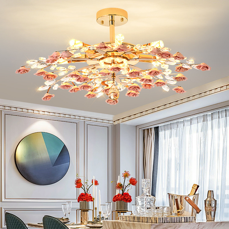 French Entry Luxury Living Room Chandelier Creative Personalized Ceramic Flower Ceiling Crystal Chandelier Romantic Warm Hall Main Lamp