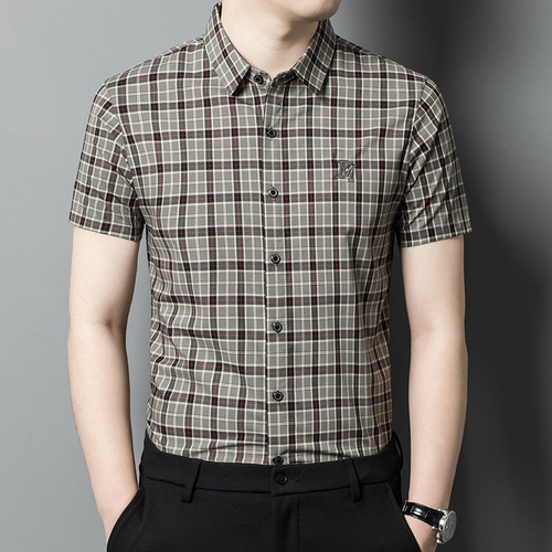 Men's 2025 Summer New Business Casual Printed Ice Silk Blazer Shirt with Premium Feel and Iron-Release Stripes