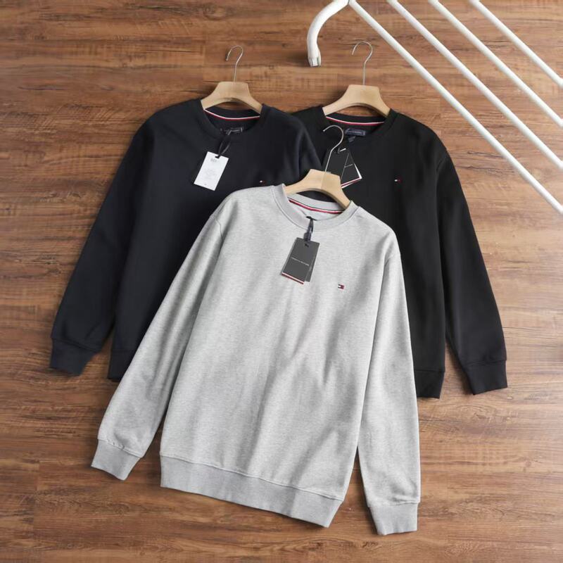 Cross-Border In-Stock Tommy Men's Embroidered Sweatshirt Casual Solid Color Fleece Thickened Crew Neck Pullover Base Shirt