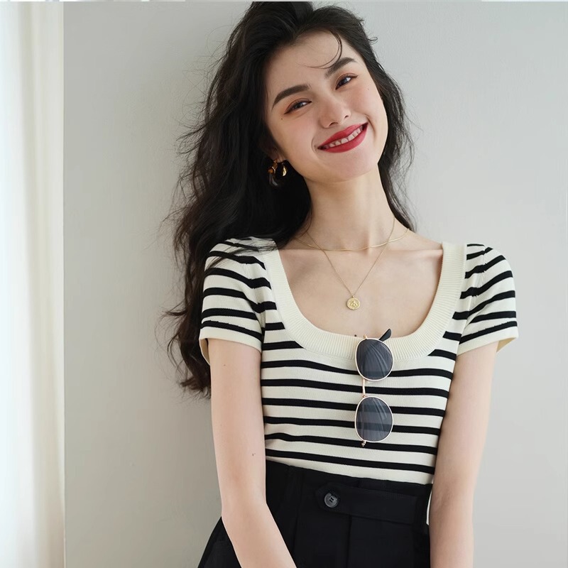 French Style Large U-Neck Black and White Striped Sweater Short-Sleeved T-Shirt Women's Summer Ice Silk Base Shirt Clavicle Thin Top