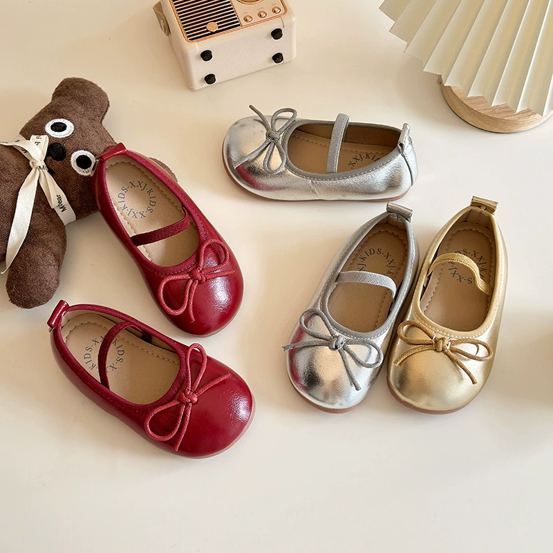 Children's demi-season non-slip fashionable shoes for leather shoes for princess with bow, Korean style, soft sole