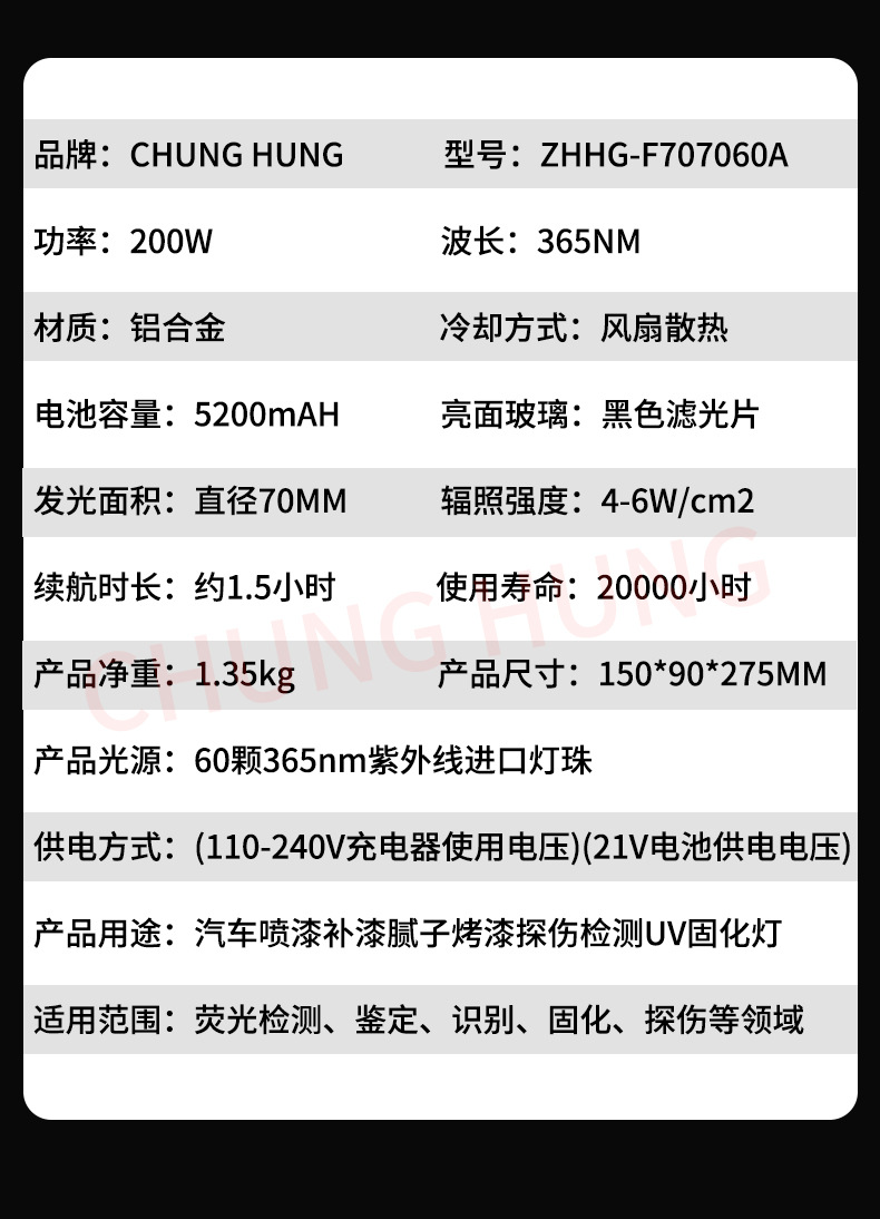 365Nm Handheld Uv Lamp for Automotive Paint Touch-Up, Putty Sheet Metal Inspection, and Paint Defect Detection, Rechargeable
