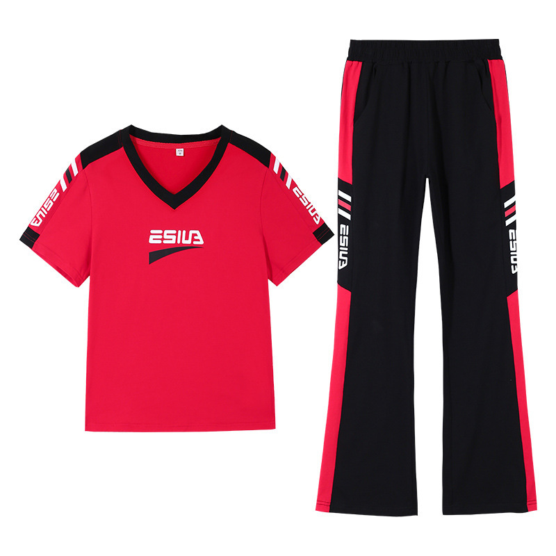 綿95 VネックTシャツカジュアルスポーツスーツレディース半袖夏新作スクエアダンス衣装ダンススタイル2点セット|undefined